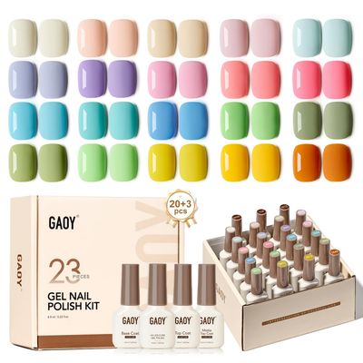 GAOY 23 Pcs Gel Nail Polish Kit, Pastel Macaron Colors Bright Pink Green Yellow Blue Popular Colors UV Gel Nail Polish Set with Glossy &amp; Matte Top Coat and Base Coat for Nail Art DIY Gel Nail Kit