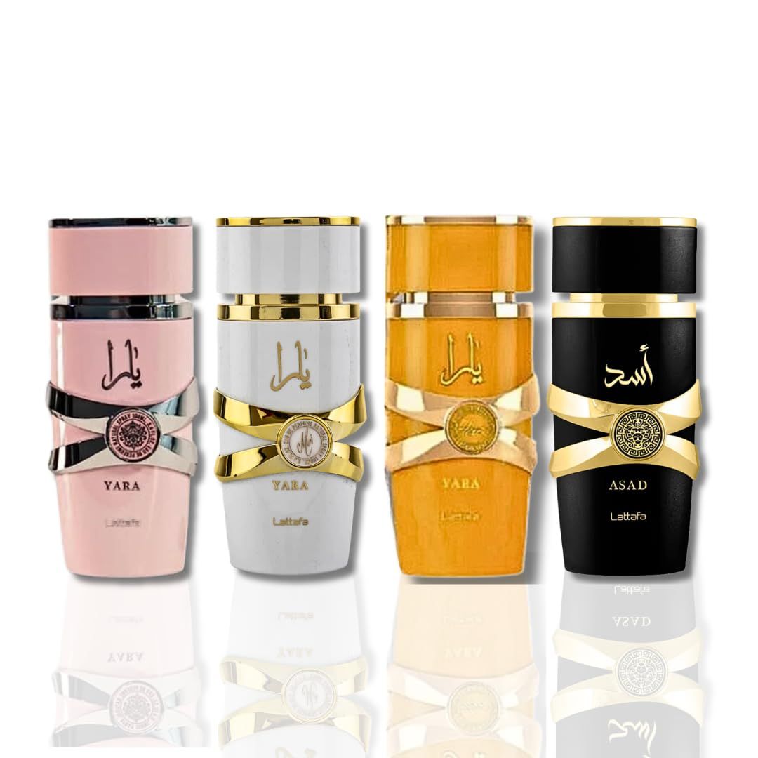 Lattafa for Unisex 4 Piece Eau de Parfum Gift Set (Yara for Women Yara Moi for Women Yara Tous for Women Asad for Men) 3.4 Ounce/100 ml each