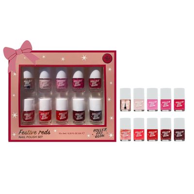 Holler and Glow Reds Miniature Nail Polish Mothers Day Gift Set, Mini Size, Limited Edition, Base Coat, Top Coat, High Shine Finish, Glossy, Long Wearing, Quick Dry, Fast Dry, 12 Piece Set