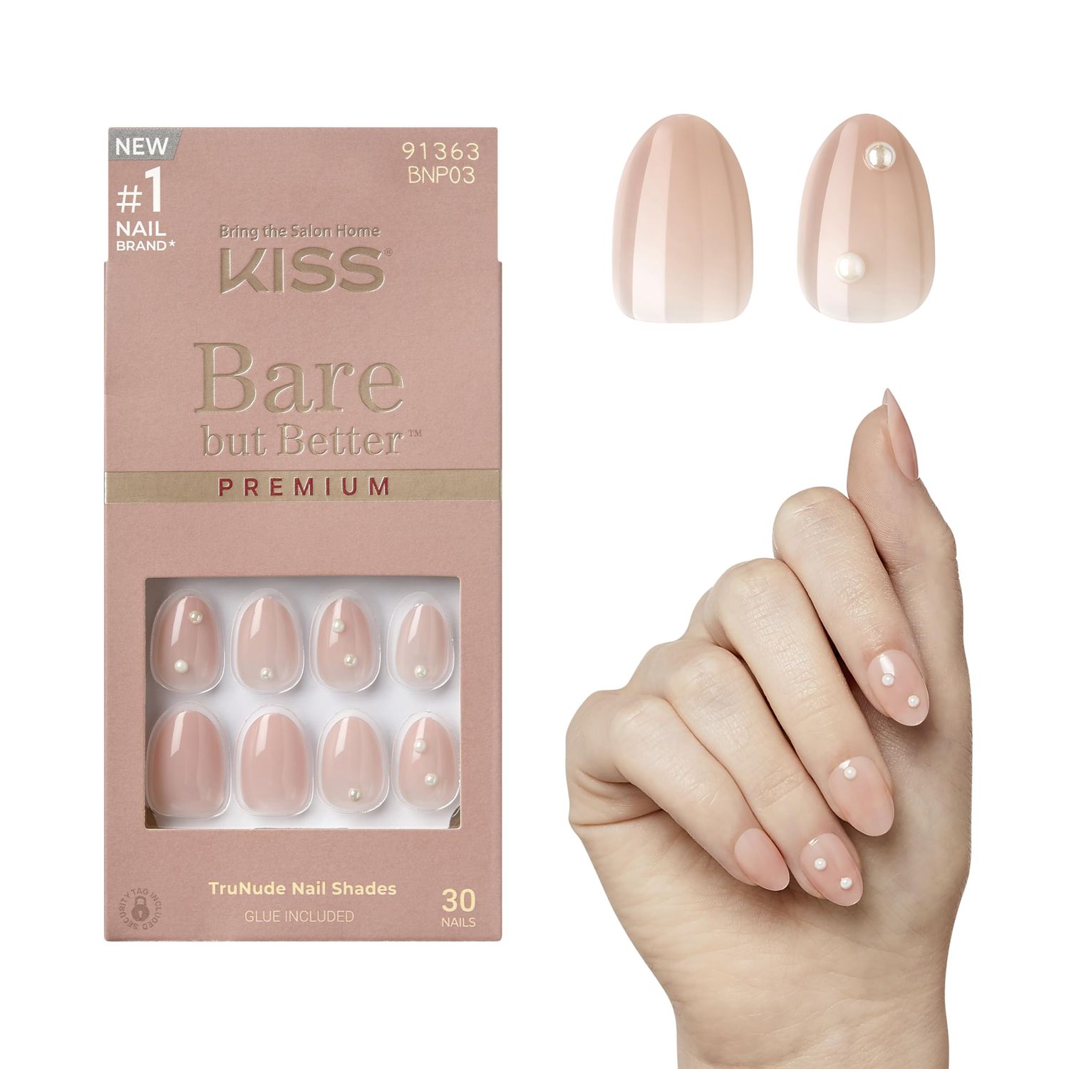 KISS Bare But Better, Press-On Nails, Nail glue included, Slay, Light Nude skin, Short Size, Almond Shape, Includes 30 Nails, 2G Glue, 1 Manicure Stick, 1 Mini File