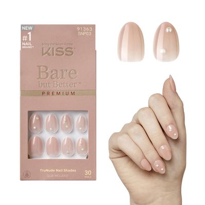 KISS Bare But Better, Press-On Nails, Nail glue included, Slay, Light Nude skin, Short Size, Almond Shape, Includes 30 Nails, 2G Glue, 1 Manicure Stick, 1 Mini File