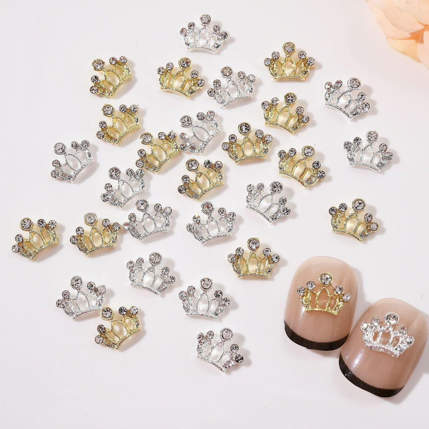 Maigitur 30pcs Metal Crown Nail Charms Shiny Gold Silver Nail Rhinestones Exquisite Nail Art Design 3D Alloy Crown Nail Charms for Acrylic Nails Decorations Crystal Nail Jewels for Women Manicure