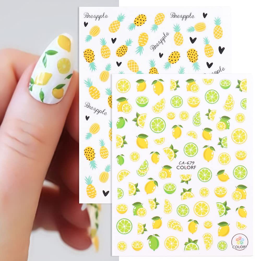 Summer Nail Art Stickers 3D Fruit Self Adhesive Nail Stickers Nail Art Supplies Avocado Strawberry Cherry Pineapple Lemon Fruit Nail Decals 3D Small Fresh Nail Decorations Set for Women (6 Sheets)