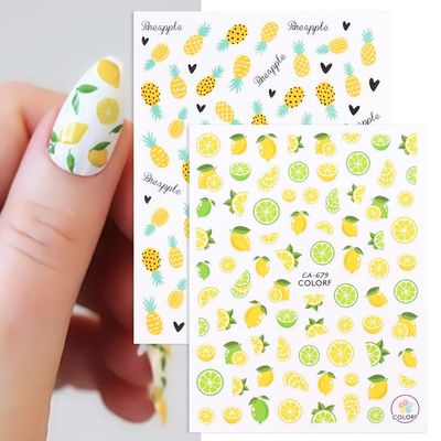 Summer Nail Art Stickers 3D Fruit Self Adhesive Nail Stickers Nail Art Supplies Avocado Strawberry Cherry Pineapple Lemon Fruit Nail Decals 3D Small Fresh Nail Decorations Set for Women (6 Sheets)