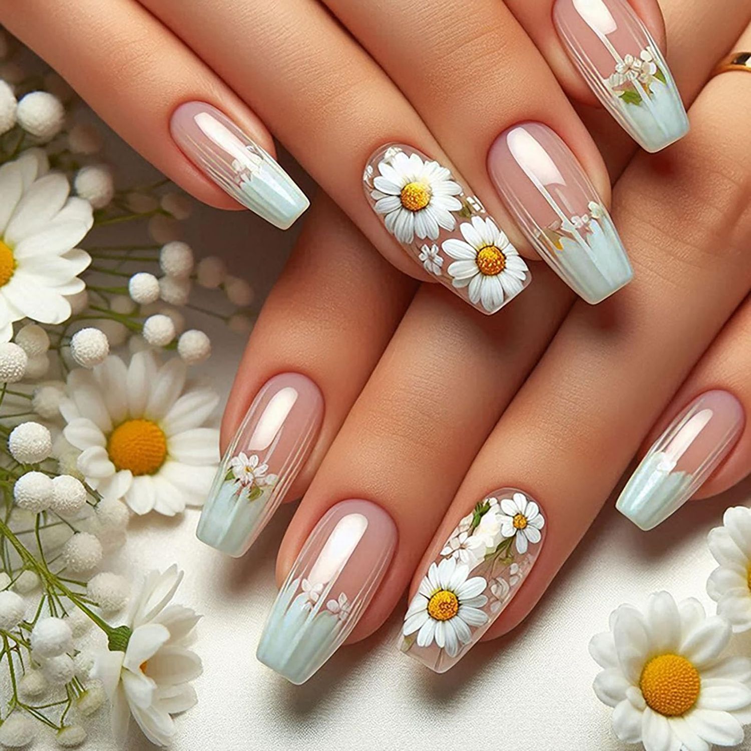 Coffin Press on Nails Medium Fake Nails with Flower Designs French Tip Nails Press ons Glossy Glue on Nails Green Acrylic Nails Spring False Nails Summer Stick on Nails for Women 24Pcs