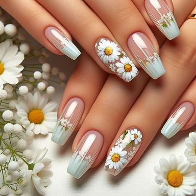 Coffin Press on Nails Medium Fake Nails with Flower Designs French Tip Nails Press ons Glossy Glue on Nails Green Acrylic Nails Spring False Nails Summer Stick on Nails for Women 24Pcs