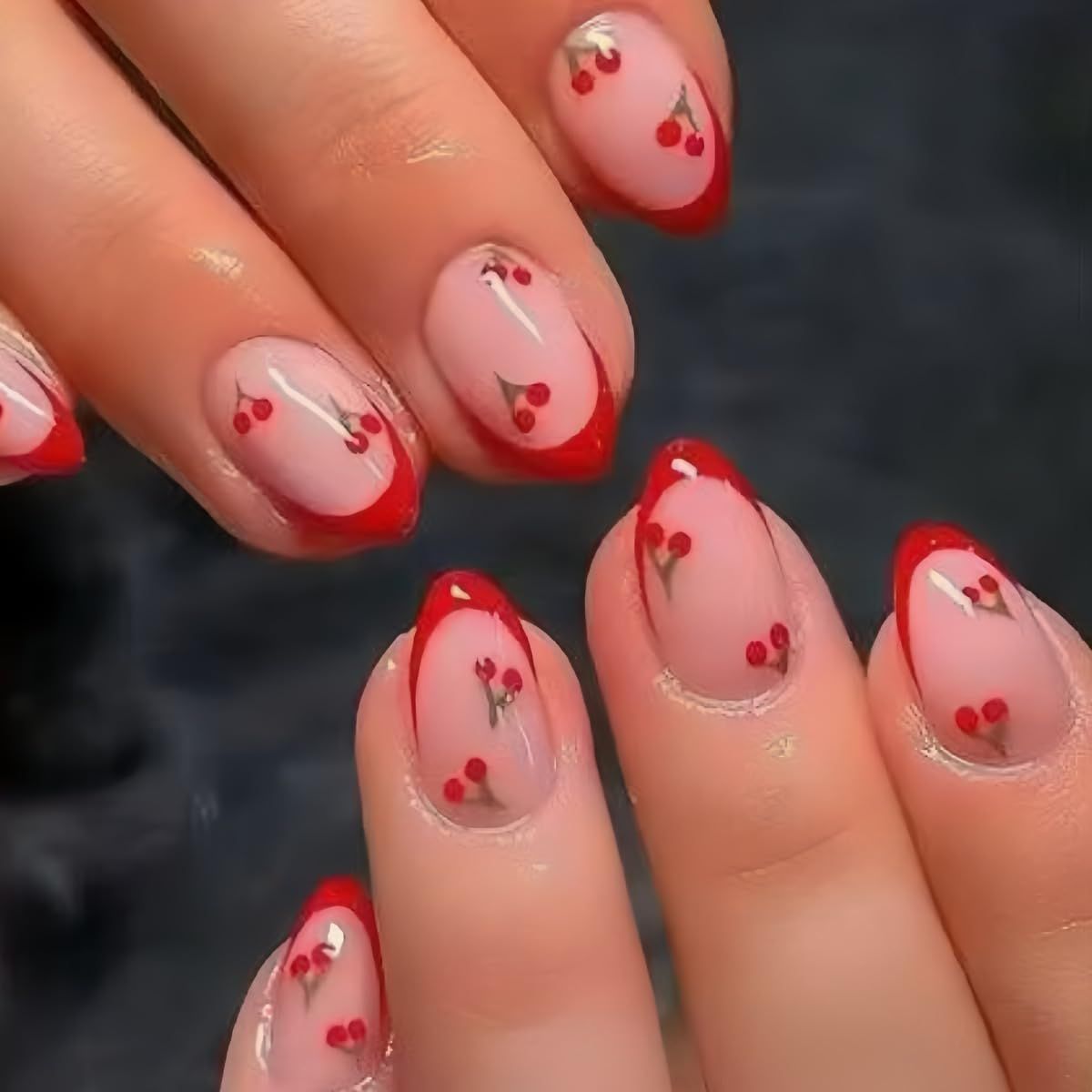 LBPEPAMZ 24Pcs Cherry Press on Nails Short Almond Fake Nails Red French Tip Glossy Glue on Nails Cute Nude Full Cover Petite False Nails Red Summer Artificial Acrylic Nails Manicure for Women 24Pcs