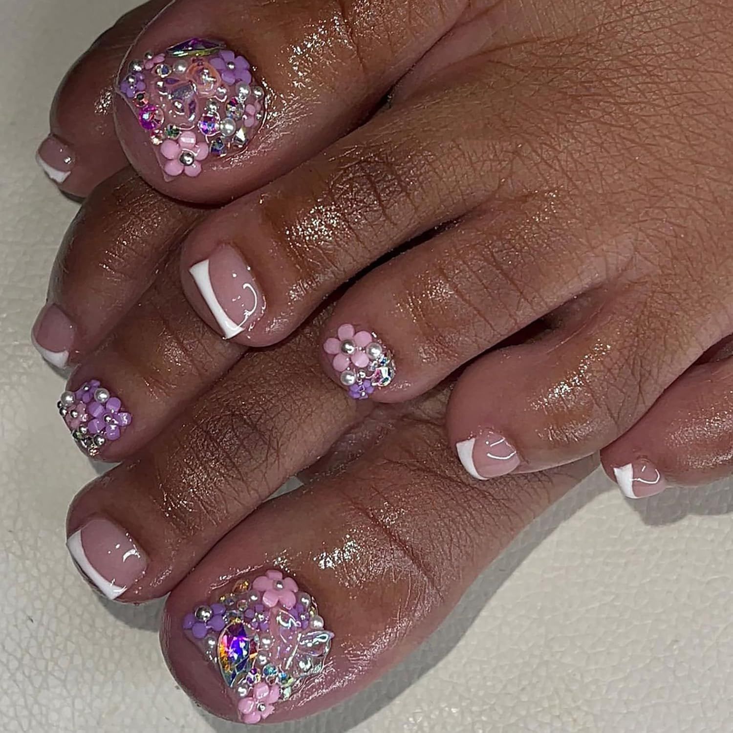24Pcs White French Tip Press on Toenails Short Square Fake Toenails with 3D Colorful Rhinestones Pearls Design Glue on Nails Spring Summer Flower False Toenails Pink Acrylic Toenails for Women
