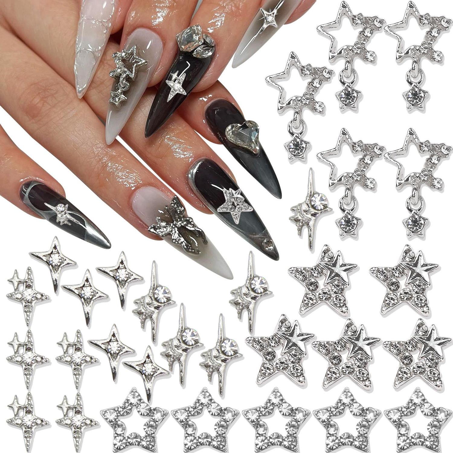 RODAKY 30PCS Star Nail Charms Silver Stars Nail Gems 3D Starlight Nail Jewelry Y2K Charms for Nails Art Metal Nail Decoration Accessories for Women Manicure Design