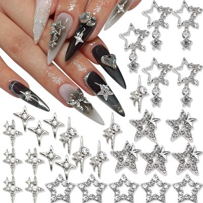 RODAKY 30PCS Star Nail Charms Silver Stars Nail Gems 3D Starlight Nail Jewelry Y2K Charms for Nails Art Metal Nail Decoration Accessories for Women Manicure Design