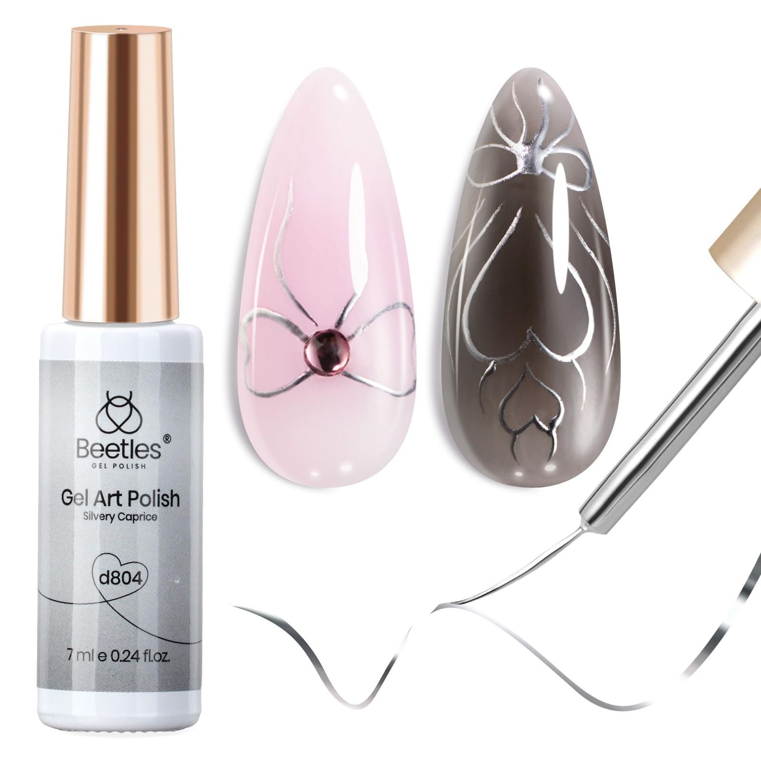 Beetles Metallic Silver Liner Gel Nail Art 7ml French Tip Gel Nail Polish 3D Mirror Chrome Effect Metal Painted Pens for Thin French Swirl Line Nail Art Polish Soak off Uv Lamp Manicure Salon