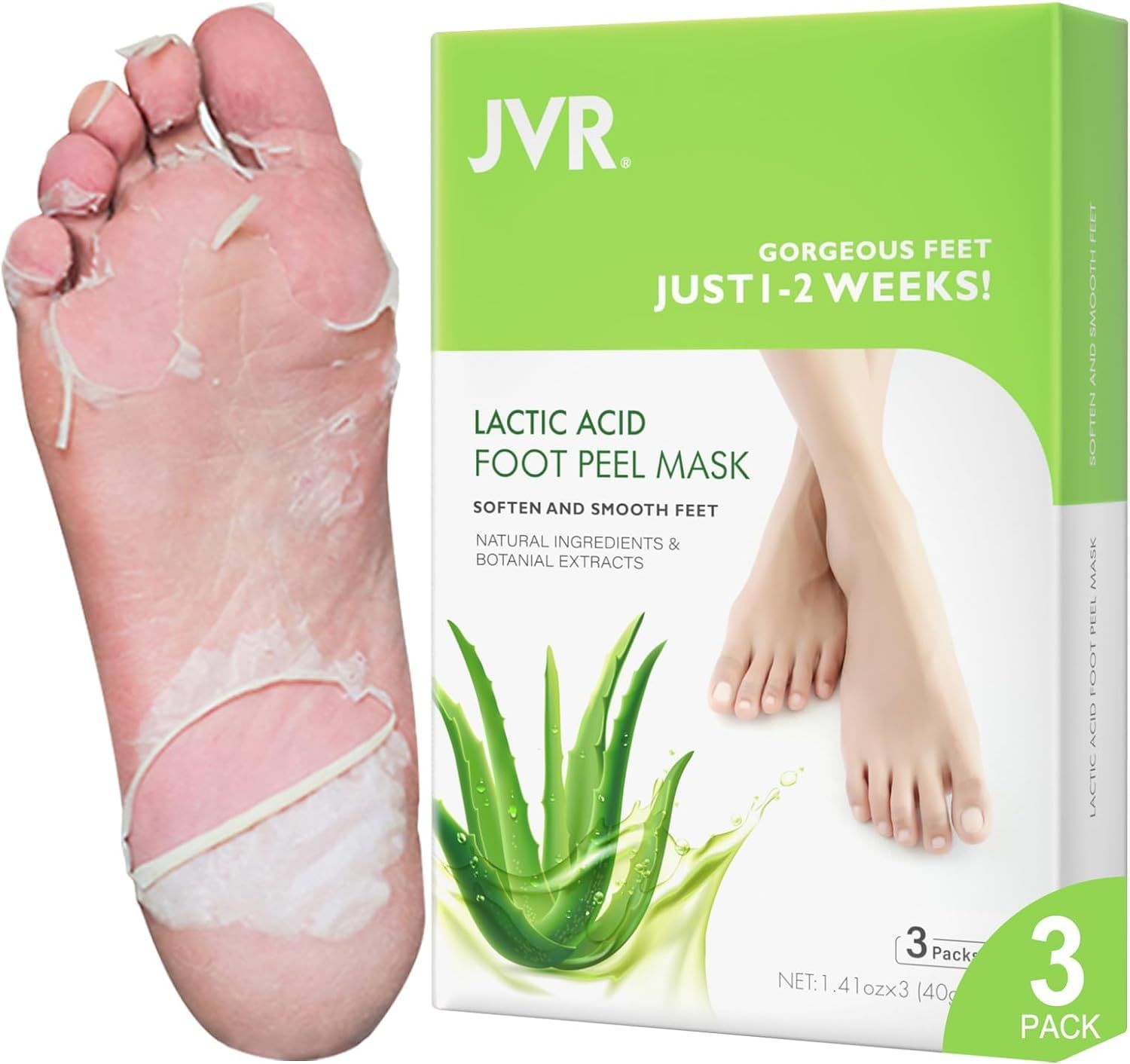 JVR Foot Peel Mask - 3 Pairs - Exfoliating Peeling Callus Remover, Repairs Cracked Heels &amp; Dry Skin, for Smoother and Softer Feet (Aloe Vera)
