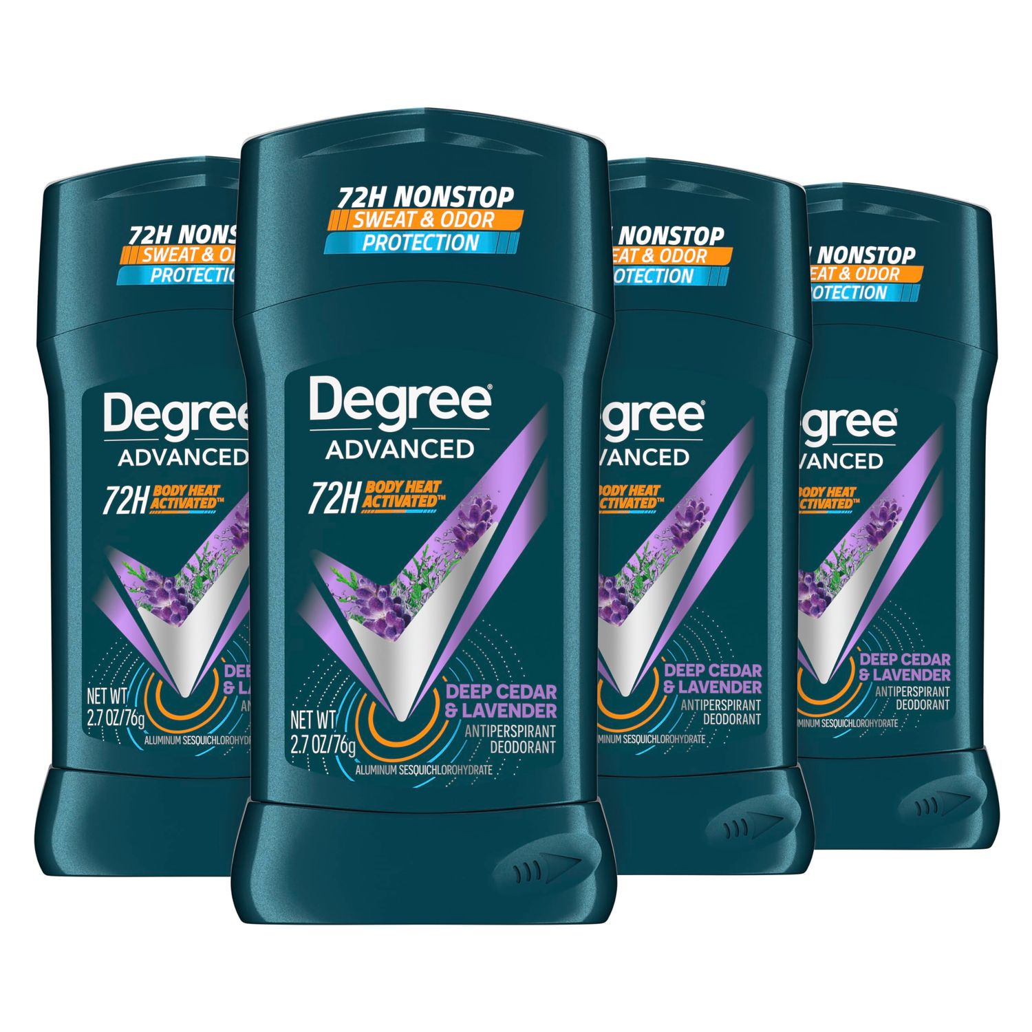 Degree Men Antiperspirant Deodorant Stick Deep Cedar &amp; Lavender 4 Count 72-Hour Sweat and Odor Protection Deodorant for Men With Body Heat Activated Technology 2.7 oz