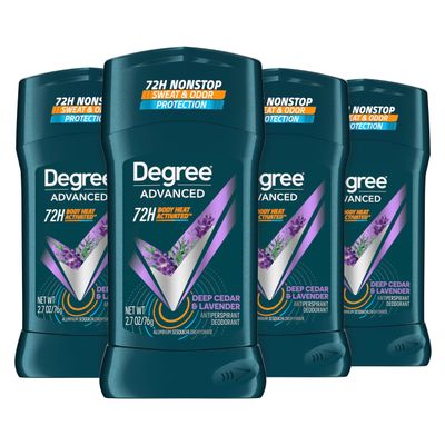 Degree Men Antiperspirant Deodorant Stick Deep Cedar &amp; Lavender 4 Count 72-Hour Sweat and Odor Protection Deodorant for Men With Body Heat Activated Technology 2.7 oz