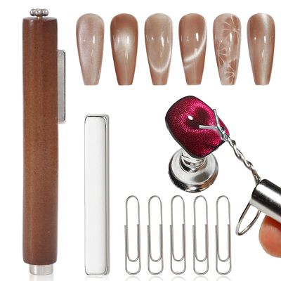 WOKOTO 2pcs Cat Eye Magnet For Nails, 3 In 1 Nail Magnet With Extra 1 Pcs Square Cateye Magne For Cat Eye Gel Polish, 5 Pcs Paper Clips For Heart Nail Art Design Magnet DIY Tools Nail Polish Magnets