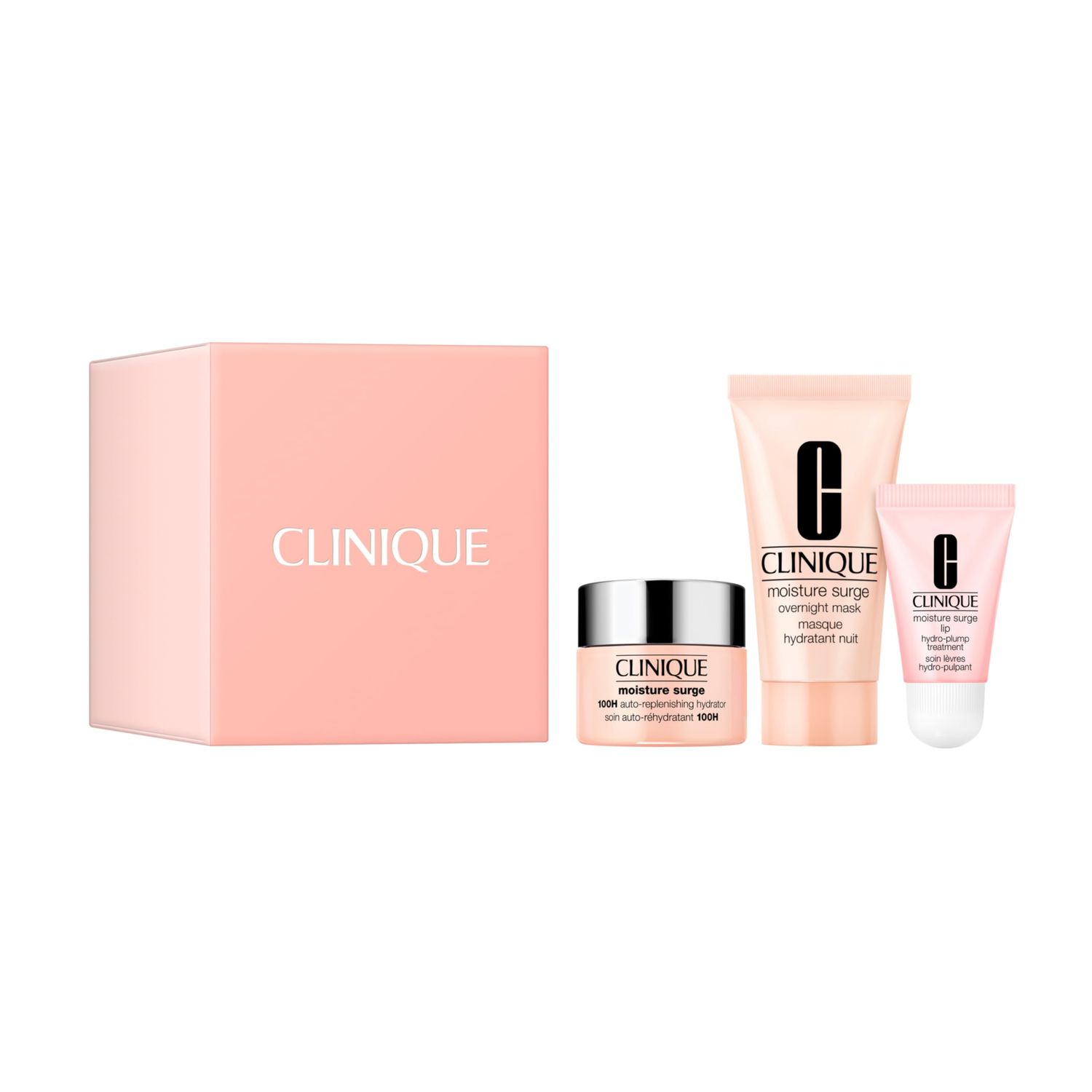 Clinique Hydration Heroes Set | Moisture Surge 100H Moisturizer, 0.5 Fl Oz | Moisture Surge Overnight Mask, 1 Fl Oz | Moisture Surge Lip Treatment, 0.24 Fl Oz | Hydrating Glow