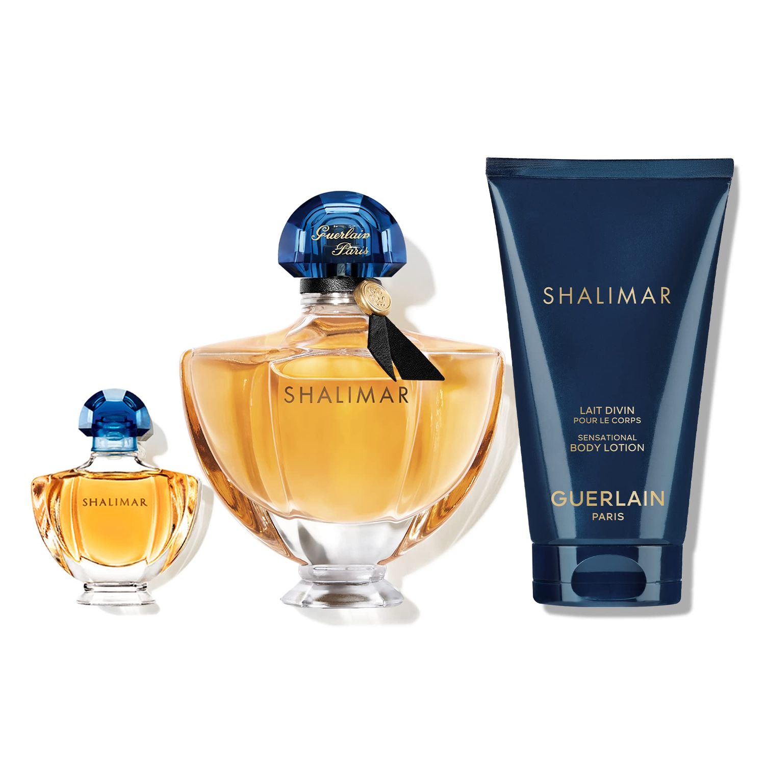 Guerlain Shalimar 3 Piece Gift Set For Women 1.6 Oz Eau De Parfum Spray 0.16 Oz EDP 2.5 Oz Sensational Body Lotion