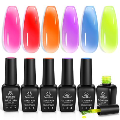 Beetles Jelly Gel Nail Polish Set - 6 Colors Summer Neon Gel Polish Kit Sheer Hot Pink Red Orange Purple Blue Yellow Translucent Effect Soak Off UV French Nail Art Manicure Gift for Women