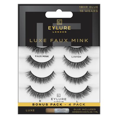 Eylure Luxe Faux Mink False Lashes - Natural Lavish, 4 Pairs Bonus Pack | Glue Included | 10 Wears