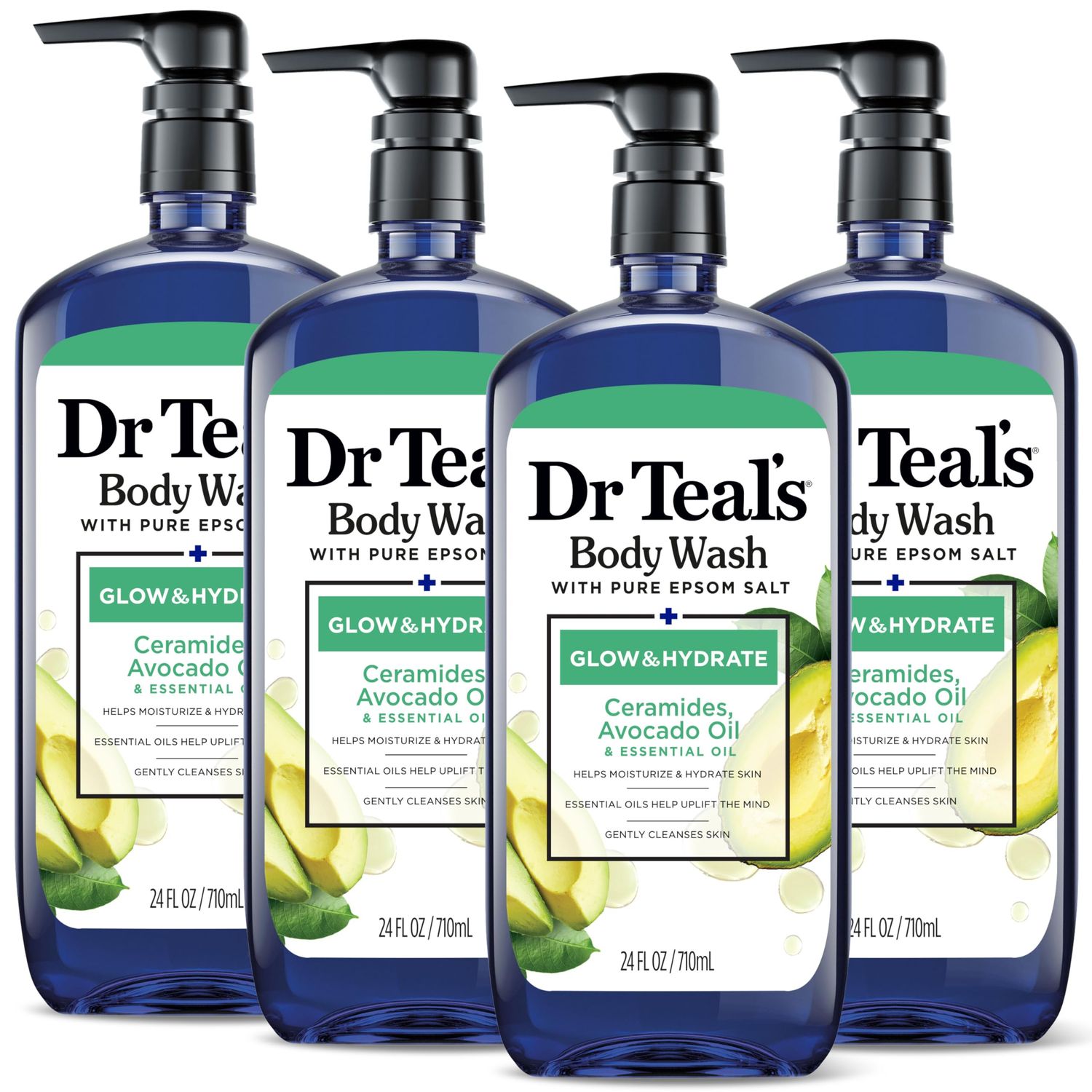 Dr Teals Teals Body Wash with Pure Epsom Salt, Glow &amp; Hydrate with Avocado, 24 fl oz (Pack of 4)