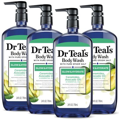 Dr Teals Teals Body Wash with Pure Epsom Salt, Glow &amp; Hydrate with Avocado, 24 fl oz (Pack of 4)