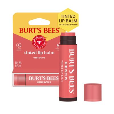 Burts Bees Lip Tint Balm, Long Lasting 2 in 1 Duo Tinted Balm Formula, Color Infused with Hydrating Shea Butter for a Natural Looking Buildable Finish, Hibiscus, 1 Tube