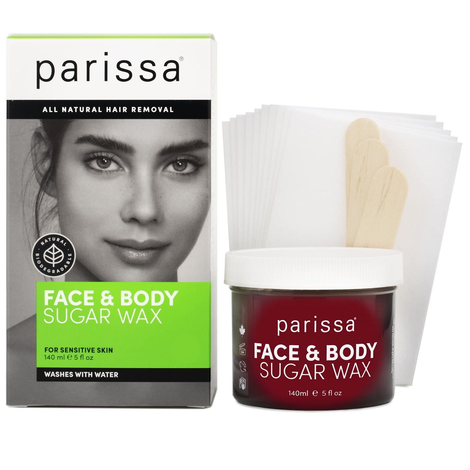Parissa Face &amp; Body Sugar Wax for Sensitive Skin, 100 Natural Hair Removal, At-Home Waxing Kit - 140ml Chamomile Sugar Wax, 20 Epilation Strips, 3 Wooden Spatulas, 5 Fl Oz (Pack of 1)