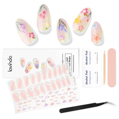 Lavinda 20 Pcs Semi-Cured Gel Nail Strips with Tulip Oil Painting 3D Flower Nail Stickers, Self-Adhesive &amp; Long-Lasting Nail Art Stickers for DIY Salon Nails Spring Decoration