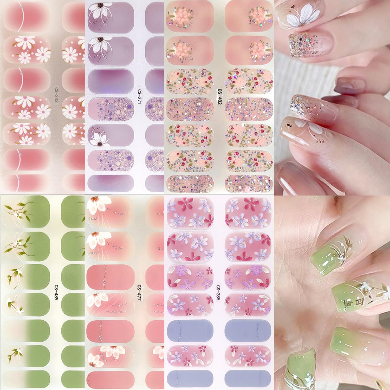 NEWSPIED Spring Gel Nail Strips Stickers 6 Sheets Flowers Gel Nail Stickers Summer Cute Cherry Blossom Floral Design Nail Art Supplies Self-Adhesive Long Lasting Nail Polish Wraps for Women Girls