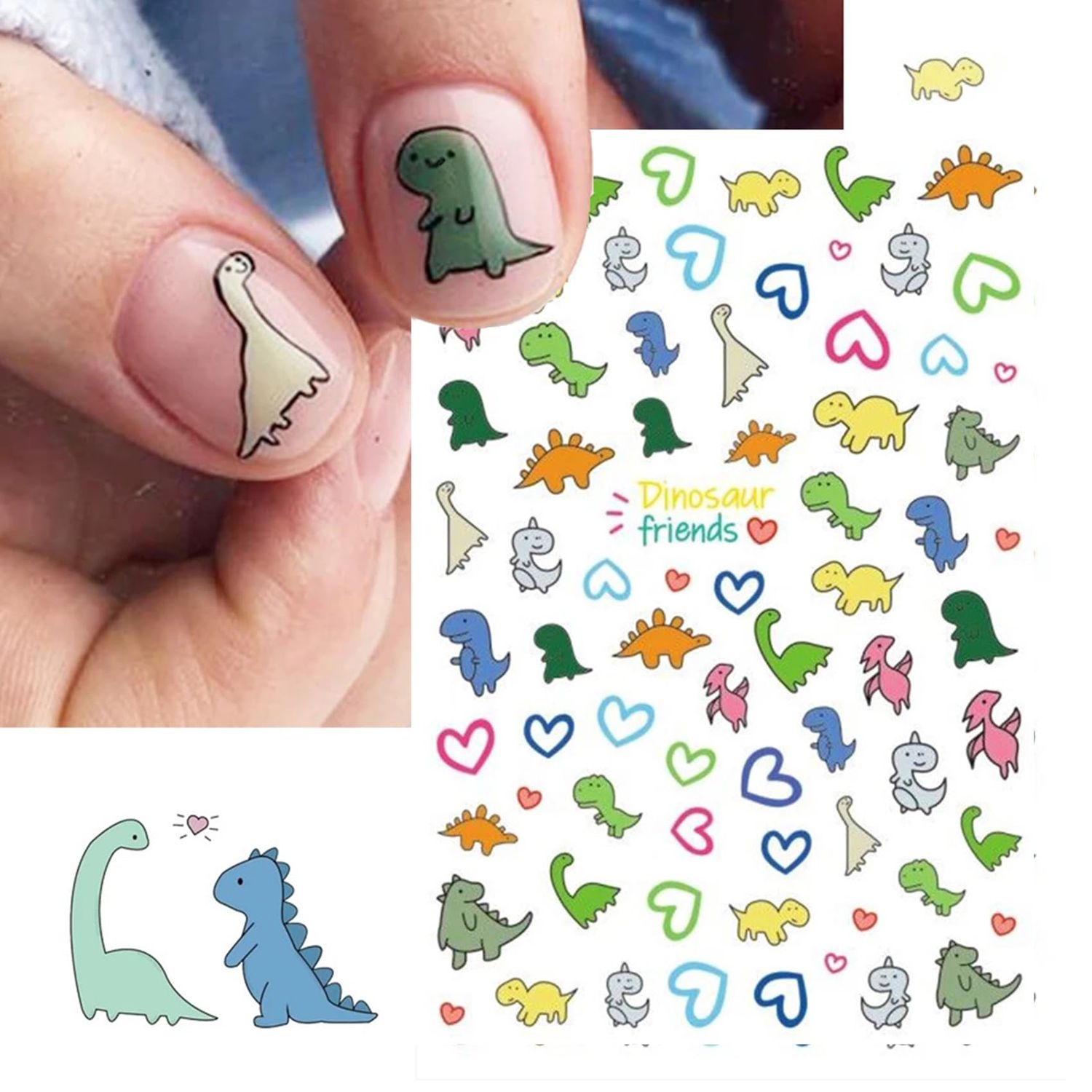 IDDFEVE Dinosaur Nail Art Stickers for Kids- Cute Cartoon Designs, 3D Self-Adhesive Heart DIY Nail Art Decals for Little Girls, Toddler (2 Sheets)