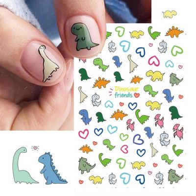 IDDFEVE Dinosaur Nail Art Stickers for Kids- Cute Cartoon Designs, 3D Self-Adhesive Heart DIY Nail Art Decals for Little Girls, Toddler (2 Sheets)