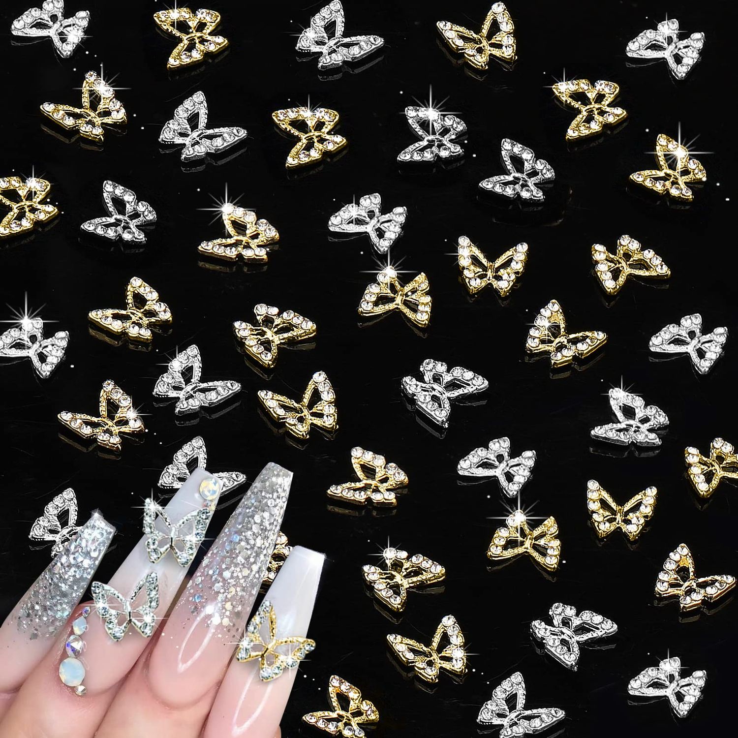 Juome Nail Charms, 40 Pcs Butterfly Nail Charms 3D Butterflies Shape Charms for Nails Gems, Nail Art Decorations Supplies (20Pcs Gold, 20Pcs Silver)