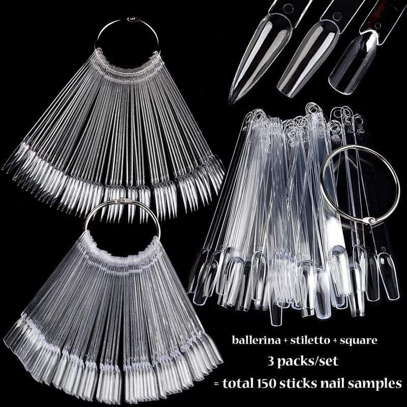 Fcozpjk Nail Color Swatch Sticks with Ring, 150pcs Ballerina Square Stiletto Clear Nail Tips, Nail Polish Display Sample Sticks, Practice Nail Tips, Nail Salon Supplies