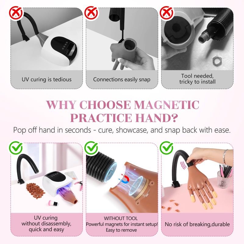 Magnetic Practice Hand for Acrylic Nails: Flexible Fake Hand Manicure Training Hand with Strengthen Nail Tips - Mannequin Hand Nail Kit for Beginners