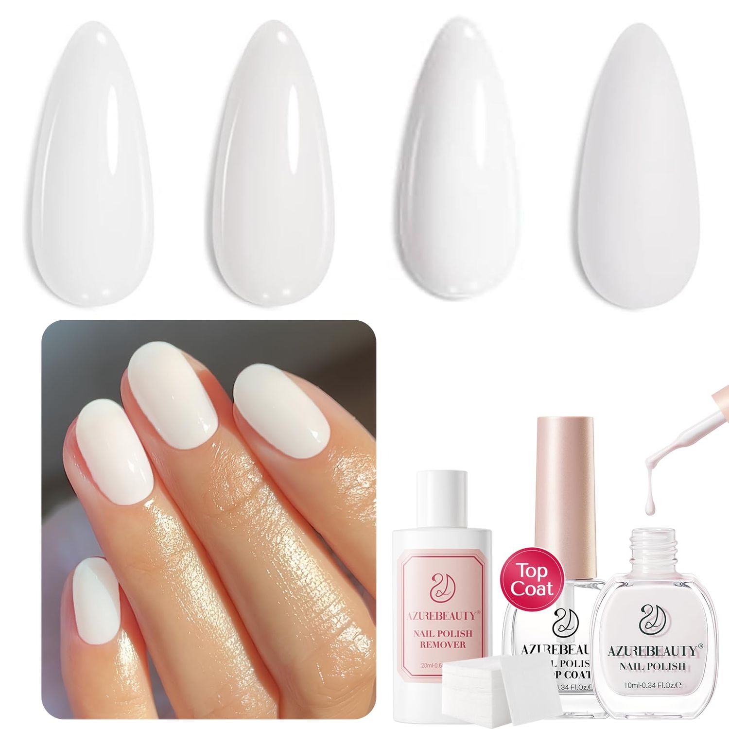 AZUREBEAUTY Nail Polish Set, Milk White Clear Quick Dry Complete Starter Natural Nail Lacquer Strengthening Treatment Kit with Top Coat, 50Pcs Nail Remover Cotton Pad