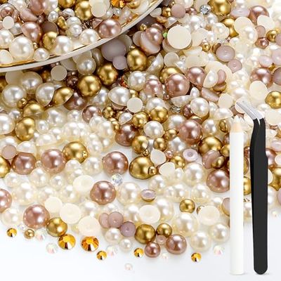 100g Mix Flatback Pearls and Rhinestones for Crafting,White Brown 3-10mm Resin Rhinestones and Half Pearls for Bedazzling, Nail Art Face Makeup Craft DIY Decoration