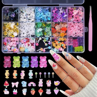 Multi 3D Mix Assorted Color Nail Charms, Acrylic Flower Butterfly Bow Lollipop Candy Bear Cute Pearls Nail Jewelry Charms for Nail Art DIY Accessories