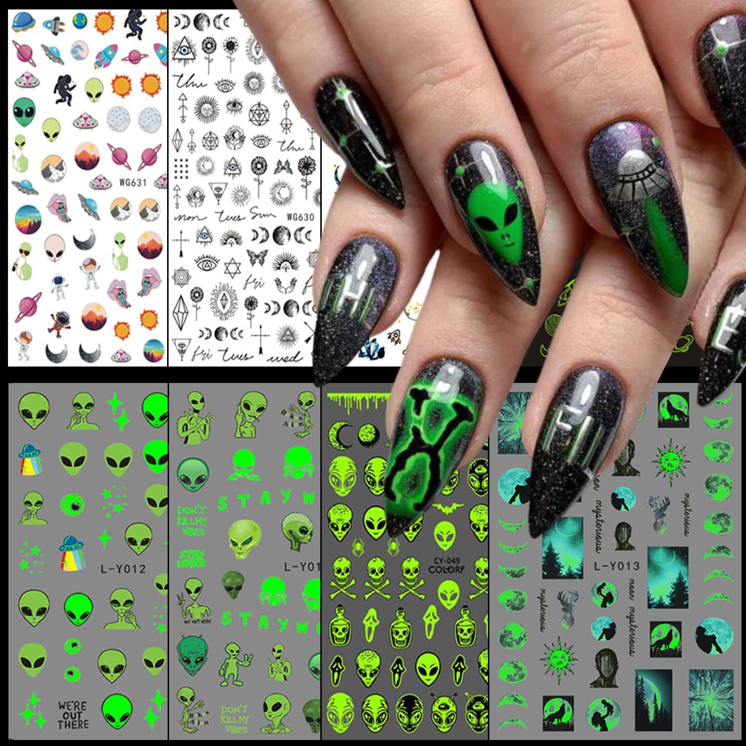 Alien Nail Art Stickers: 3D Astronaut Space Alien UFO Rocket Earth Moon Star Nail Transfer Decals - Luminous Self-Adhesive Sticker Designs for Women &amp; Girls Manicure Tips Decorations