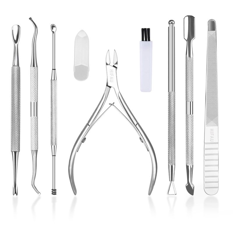 HIFAU 8 Piece Premium Cuticle Pliers Pusher Nail Art Tool Set, Professional Cuticle Trim &amp; Removal Series, Premium Stainless Steel, Suitable for Home Care, Salon &amp; Travel, Gifts