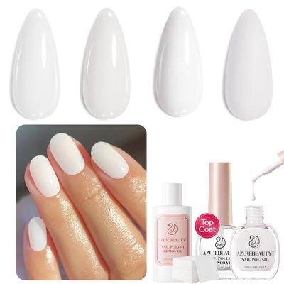 AZUREBEAUTY Nail Polish Set, Milk White Clear Quick Dry Complete Starter Natural Nail Lacquer Strengthening Treatment Kit with Top Coat, 50Pcs Nail Remover Cotton Pad