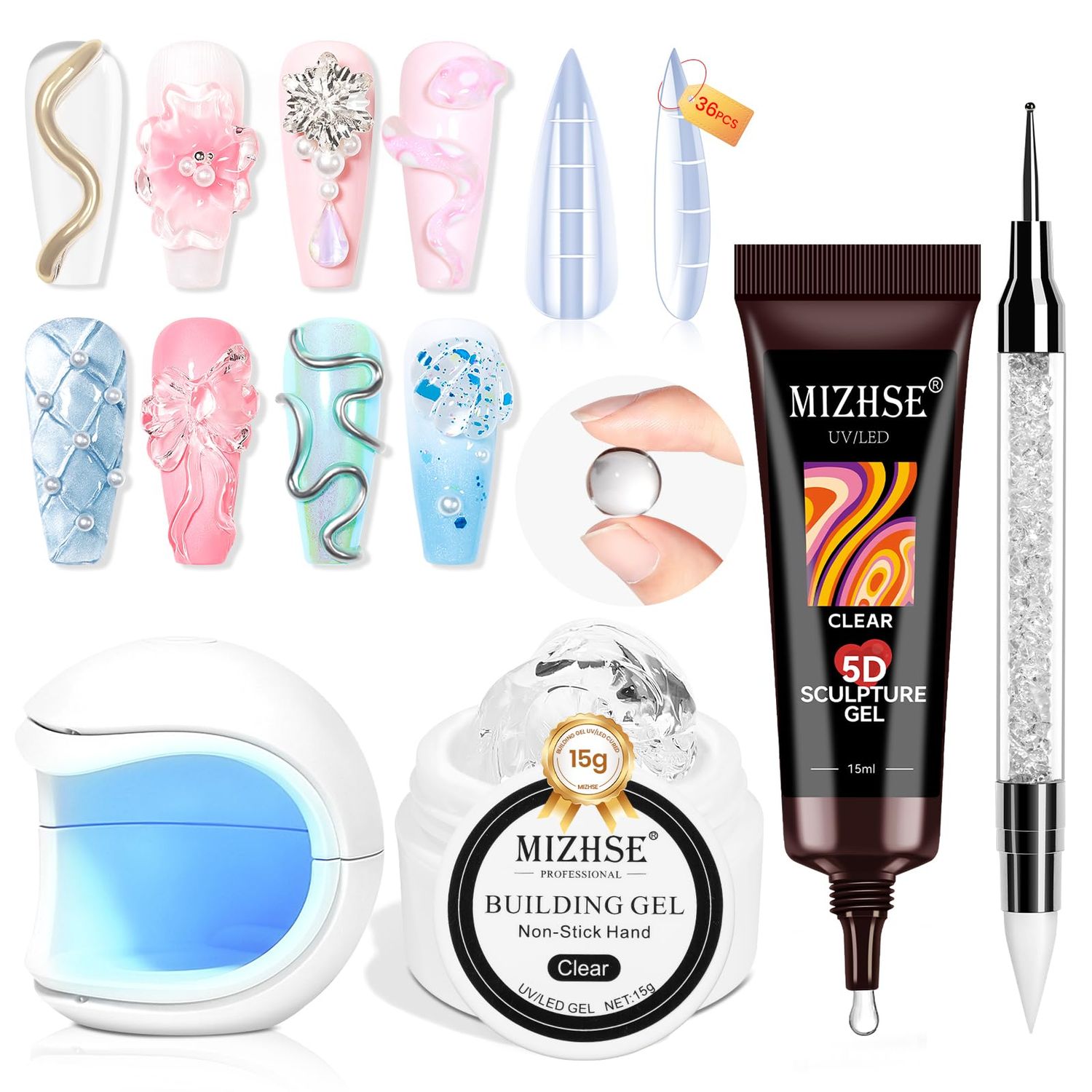 MIZHSE Solid Builder Gel for Nails and 5D Nail Gel Kit, Clear Sculpting Carving Building Modeling 3D Nail with Portable Nail Lamp Soak Off U V LED Nail Art Manicure Home