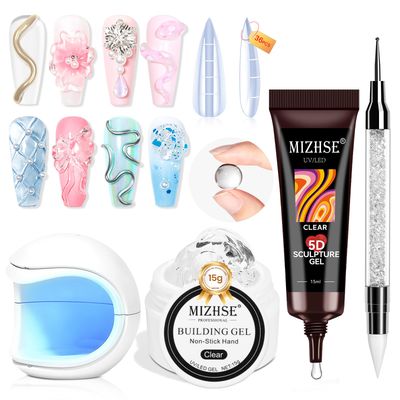 MIZHSE Solid Builder Gel for Nails and 5D Nail Gel Kit, Clear Sculpting Carving Building Modeling 3D Nail with Portable Nail Lamp Soak Off U V LED Nail Art Manicure Home