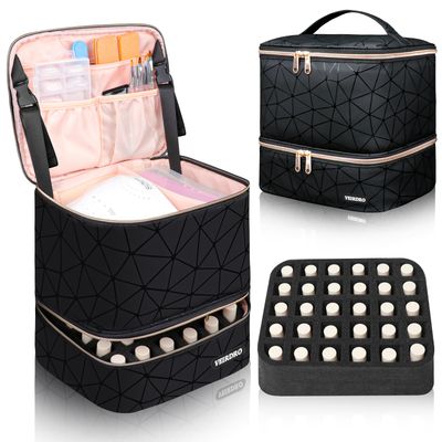 Veirdro Nail Polish Organizer Bag Holds 30 Bottles (15ml/0.5 fl.oz)&amp; Nail Lamp, Portable Travel Nail Kit Storage Carrying Case, Double Layer Nail Supplies Holder Bag PU Leather Women (Elegant Black)