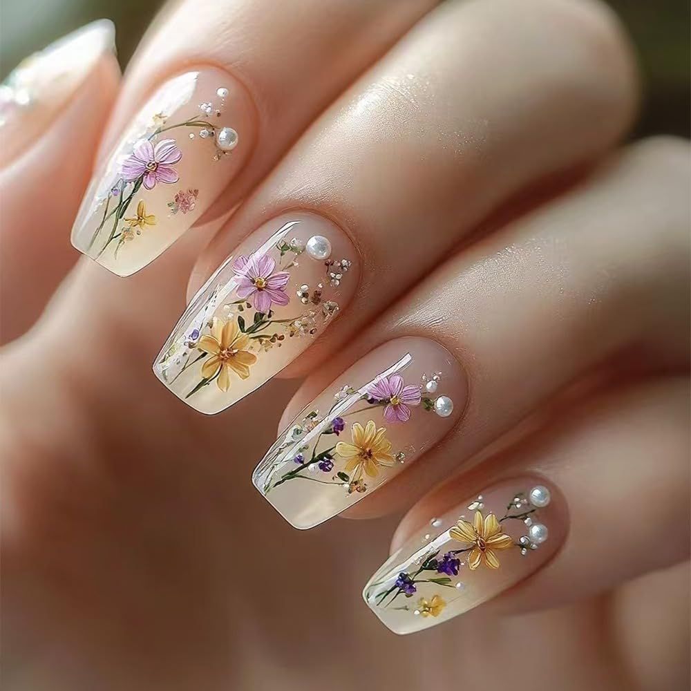 Flower Press on Nails Medium Square Spring Summer Nails Press Floral Pearl Fake Nails Nude Design Art Glue Nails Glossy False Nails Full Cover Acrylic Stick Nails for Women Girls 24pcs