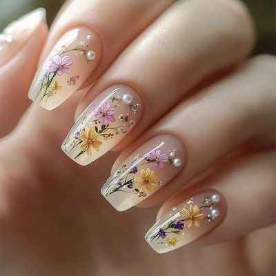 Flower Press on Nails Medium Square Spring Summer Nails Press Floral Pearl Fake Nails Nude Design Art Glue Nails Glossy False Nails Full Cover Acrylic Stick Nails for Women Girls 24pcs