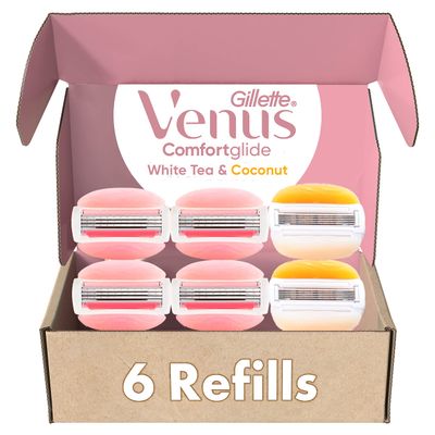 Gillette Venus ComfortGlide White Tea 4 count, with Gillette Venus ComfortGlide plus Olay 2 count, Womens Razor Blade Refills