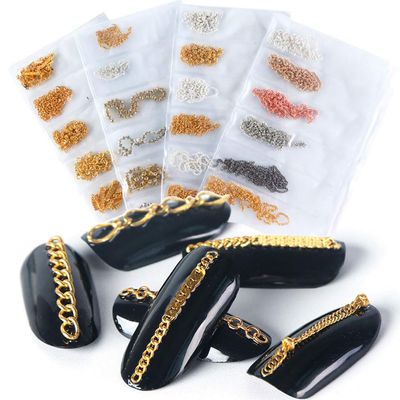 JERCLITY 4 Packs of 24 Strips Nail Chains for Nail Art Gold Silver Alloy Metal Nail Art Chains Gold Nail Charms Punk Nail Studs Jewelry Accessories for Women Nail Art