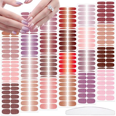 JERCLITY 24 Sheets Glitter Wraps for Short Nails - Gradient Solid Color Polish Strips With File, Self-Adhesive Stickers, Full Wraps for Women Girls Nail Art
