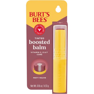 Burts Bees Tinted Boosted Balm, Misty Mauve, Hydrating Tinted Lip Balm with Vitamin C, E, and F Core, 24 Hour Lip Moisturizer with Responsibly Sourced Beeswax, 100 Natural Origin, 1 Count, 0.16oz