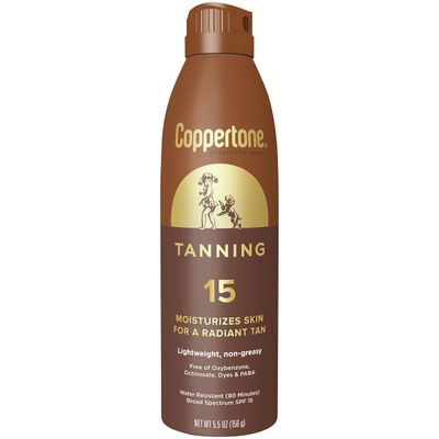 Coppertone Tanning Sunscreen Spray with Broad Spectrum SPF 15, Water Resistant Spray Sunscreen, Lightweight and Non-Greasy, 5.5 Oz